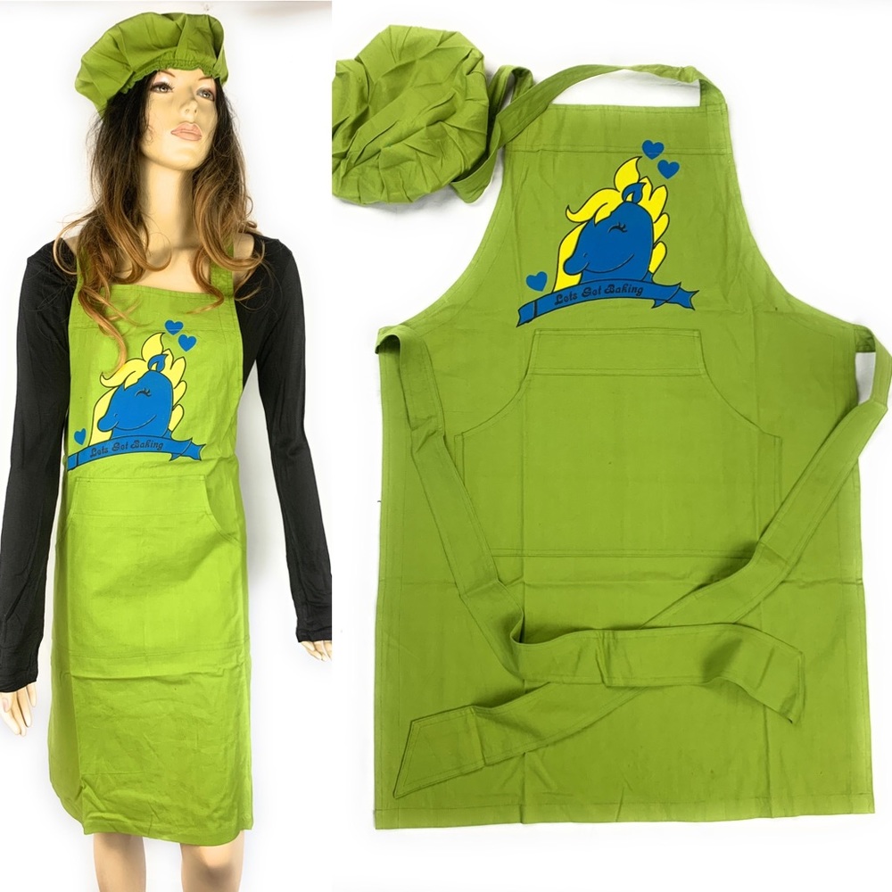 Green cotton bib apron and chef cap set